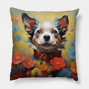 Whimsical Dog Surrounded by Wildflowers Pillow