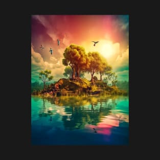 Tropical Bliss: Vibrant Digital Art of a Stunning Island Oasis, Perfect for Your Beach House Decor T-Shirt