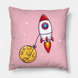 Rocket Flying With Moon In Space Cartoon Pillow