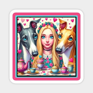 Young Girl and her Greyhounds Tea Party Magnet