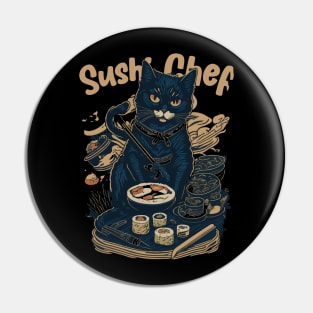 Retro Japanese-Inspired Feline Culinary Cat as Sushi Chef Pin