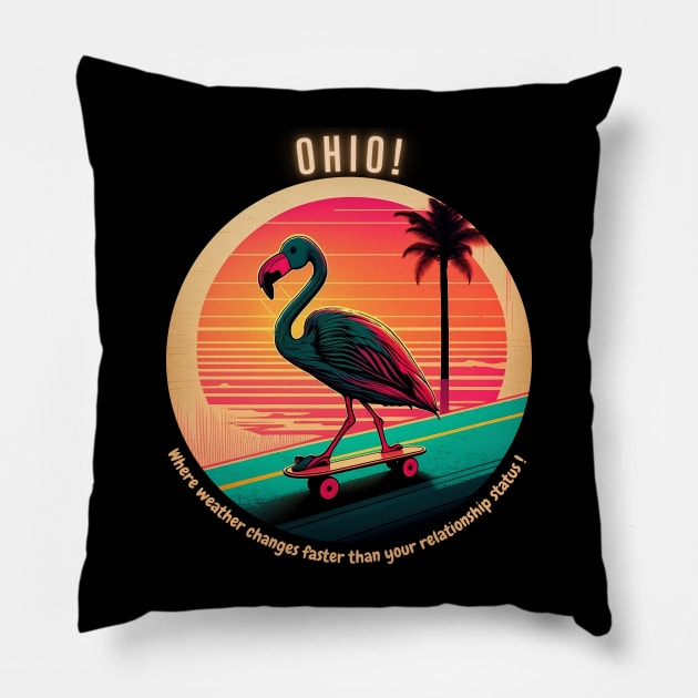 funny bird skateboarding in ohio vintage sunset T-shirt Pillow by teecraft studio