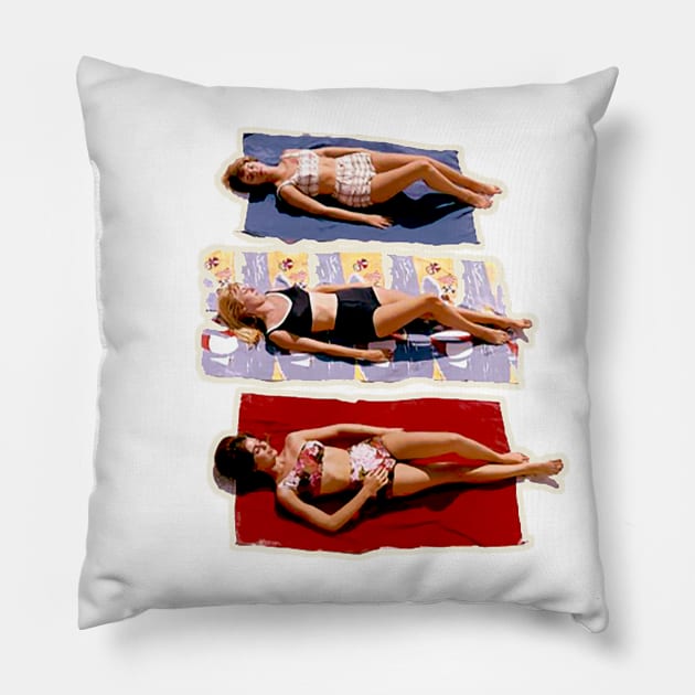 40's girls on the beach sunbathing Pillow by Marccelus