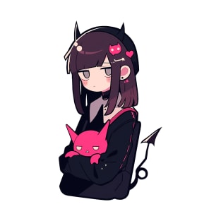 Anime-Style Cute Black and Pink Demon Girl T-Shirt