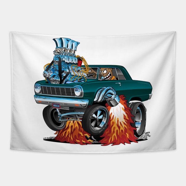 Sixties American Classic Muscle Car Cartoon Tapestry by hobrath