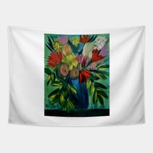 Abstract painting in acrylic paint of a Bouquet of flowers in a glass vase . Tapestry