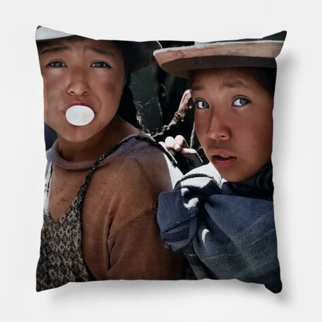 Colorized vintage Friends in Bolivia Pillow by In Memory of Jerry Frank