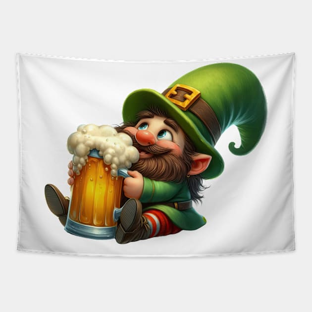 St Patricks Day Gnome Drinking Beer Tapestry by Chromatic Fusion Studio