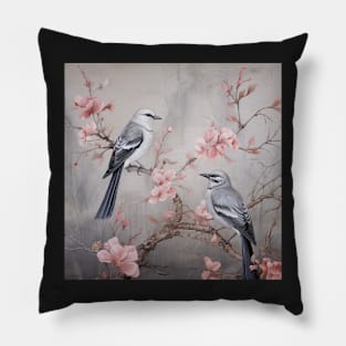 Grey and pink chinoiserie painting with birds and flowers Pillow