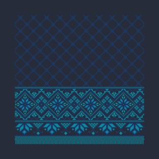 Palestinian Arabic Kufiya Keffiyeh or also called Hatta Traditional Pattern with Tatreez Embroidery Art Design Blue T-Shirt