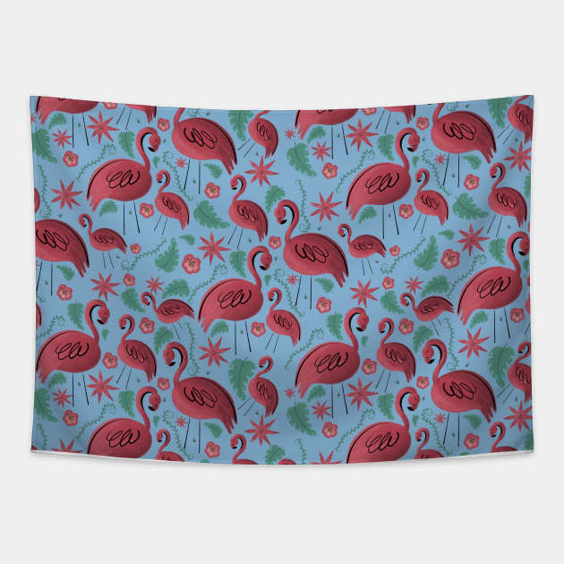 Flamazing day flamingos pattern blue background Tapestry by Arch4Design