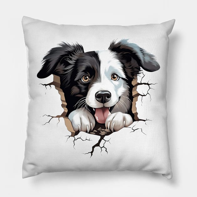 Baby Border Collie Dog Peeking Pillow by Chromatic Fusion Studio