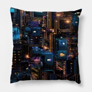 Cyber Circuit Cityscape Pillow