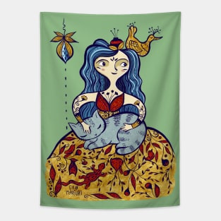 Whimsical Lady with cat Tapestry