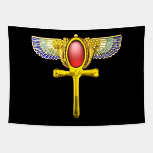 RED TALISMAN Gold Ankh with Wings and Cornucopia Egyptian Eternal Life Symbol Tapestry