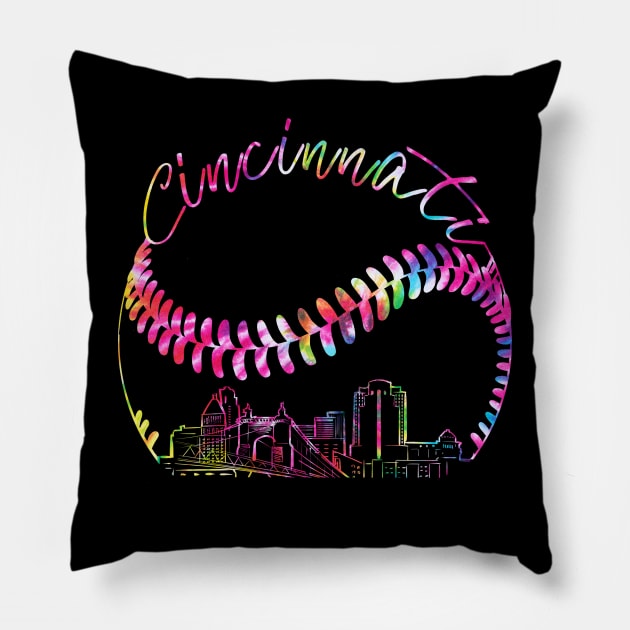 Cincinnati, tie dye, skyline, baseball team Pillow by Sandra Holloman