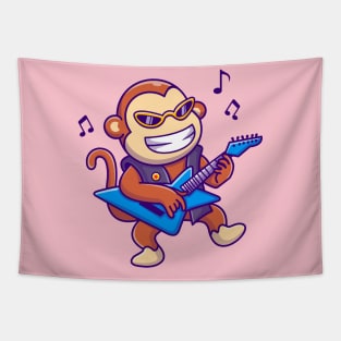 Cute Monkey Playing Guitar Cartoon Tapestry