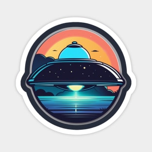 UFO Flying Saucer over sea with neon light Magnet