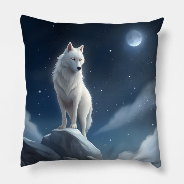 White Wolf Hunting Ground, Winter Mountain Icy Moon, Forest, Galaxy Beautiful gifts Novelty a Wolf portrait Watercolor Pillow by sofiartmedia