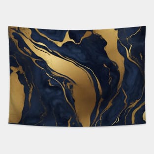 Preppy Boho Chic Minimalist Gold and Blue Marble Tapestry