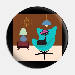 Posh Black Cat Sitting on a Retro Chair Pin