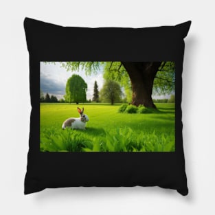 Meadow with rabbit landscape Pillow