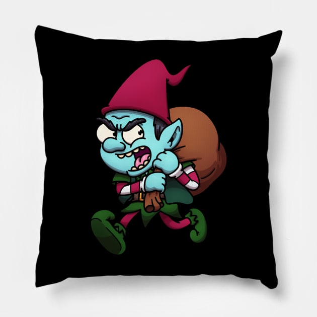 Evil Christmas Elf Stealing Presents Pillow by TheMaskedTooner