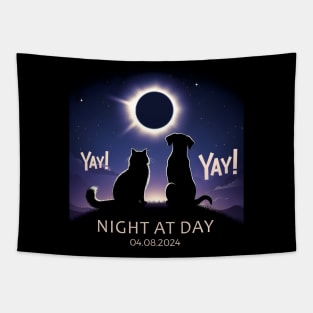 Cat and Dog Watching Solar Eclipse April 8 2024 Tapestry