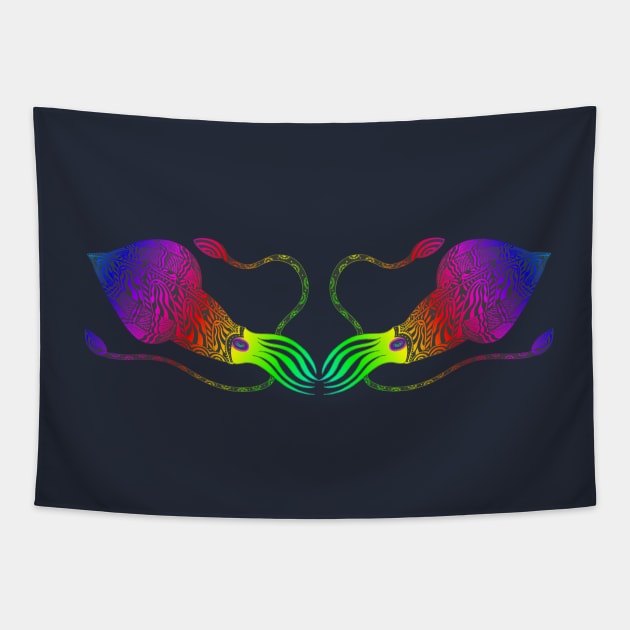 Rainbow Squids - colorful animal art Tapestry by Green Paladin