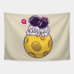 Cute Couple Astronaut Sitting On Moon Cartoon Tapestry