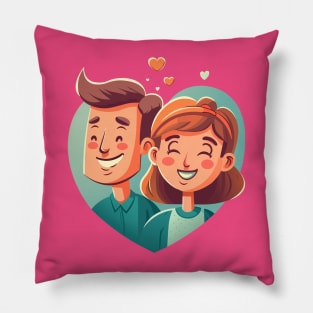 Illustration of a smiling couple in a blue heart on a pink background Pillow