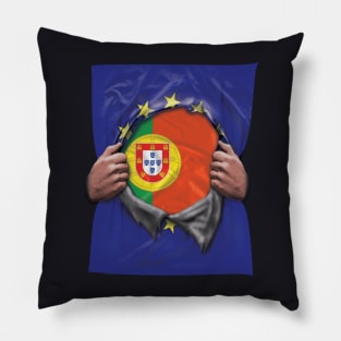 Portugal Flag European Union Flag Ripped Open - Gift for Portuguese From Portugal Pillow