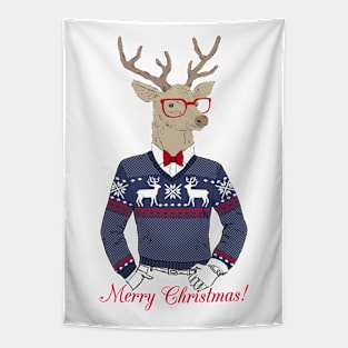 Hand Drawn Vector Illustration of Deer Hipster in Jacquard Sweater Tapestry