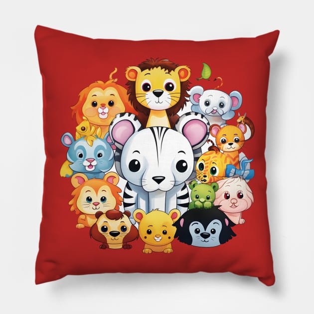 Joyful Assembly of Cartoon Jungle Animals for Kids Pillow by AIHRGDesign