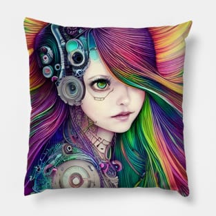 Rainbow Haired Cyber Girl Pillow