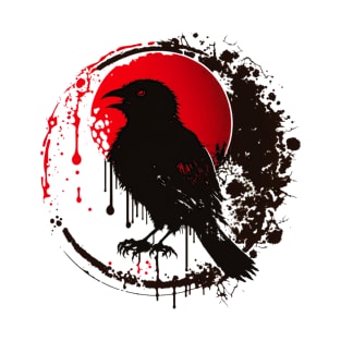 Watercolor Crow in Red Moon Artwork T-Shirt