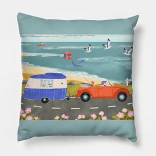 Family Road Trip in a Vintage Car and Caravan Pillow