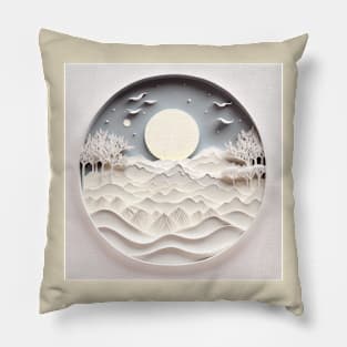 paper quill landscape of big moon over meadows of mountains Pillow