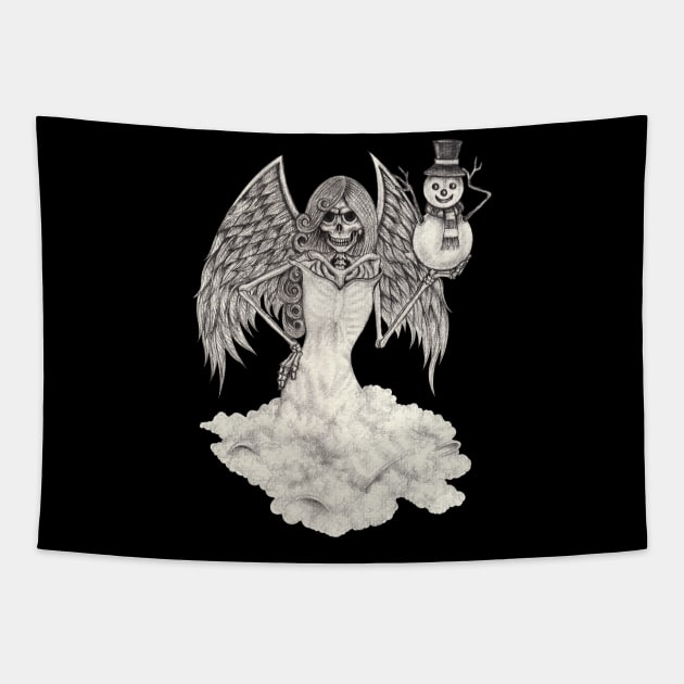 Fantasy surreal skull angel with snowman. Tapestry by Jiewsurreal