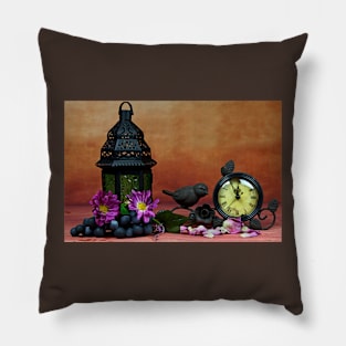 A still life of a lantern, grapes,flowers Pillow