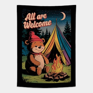 All Are Welcome Camping Bear Tapestry