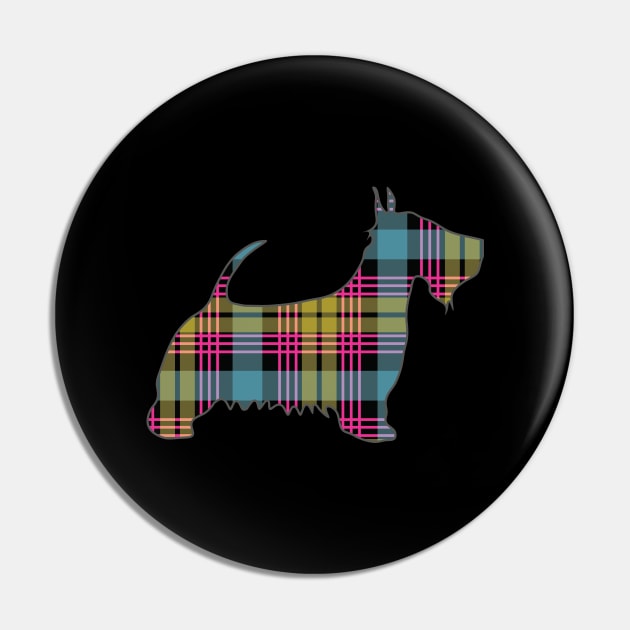 Pink, Blue and Yellow Tartan Scottish Terrier Dog Silhouette Pin by MacPean