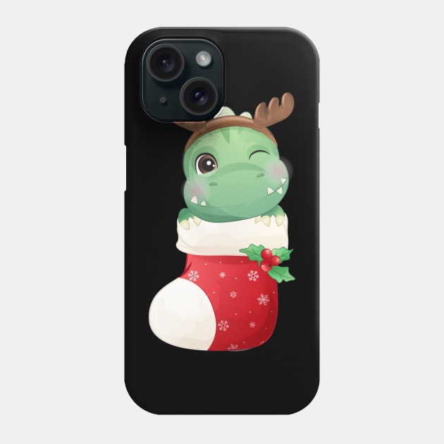 Cute Christmas T Rex Dinosaur In Stocking Phone Case by P-ashion Tee