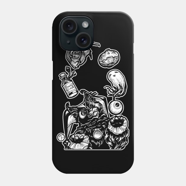 Black Cat Jester Juggling Halloween - White Outline Version Phone Case by Nat Ewert Art