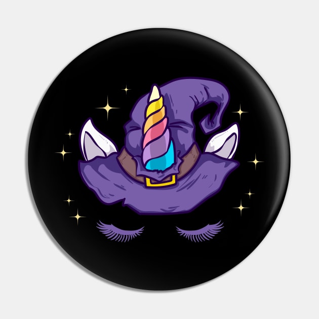 Unicorn Face with Long Lashes & Witch Hat Character Gift Pin by creative