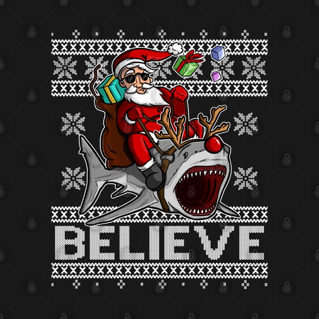 BELIEVE Santa Claus Rudolph the Rednose Shark CHRISTMAS UGLY SWEATER by Frontoni