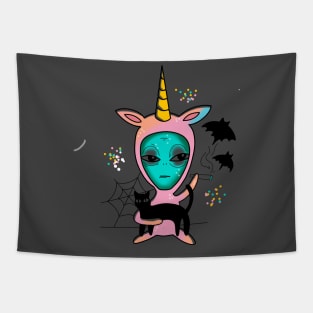 alien in a pink unicorn onesy holding a cat smoking a blunt cute gift Tapestry