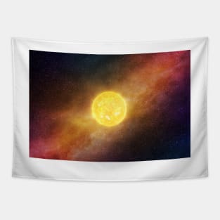 Bright Sun against dark starry sky and Milky Way in Solar System Tapestry