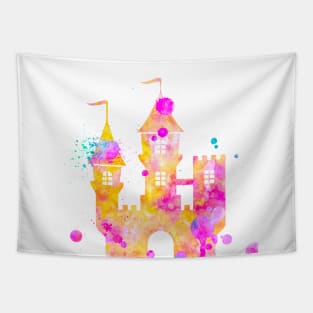 Princess Castle Watercolor Painting Pink Yellow Orange Tapestry