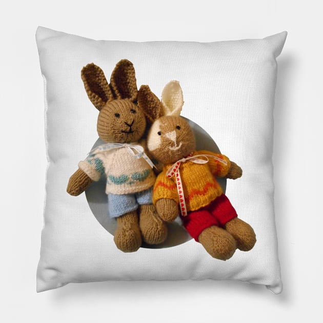 Two Knitted Bunny Buddies Pillow by SolarCross